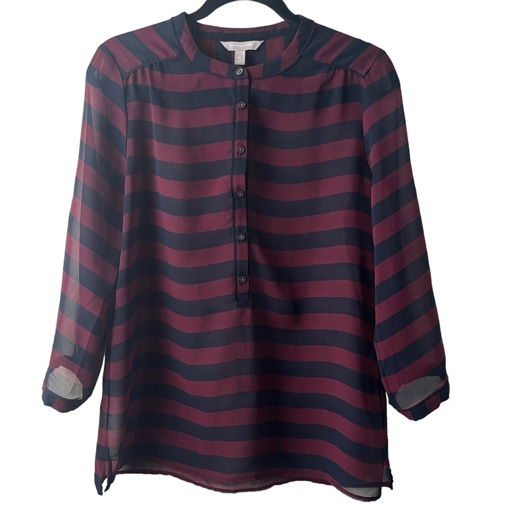 Banana Republic Navy and Maroon Striped Sheer Tunic Top Size M